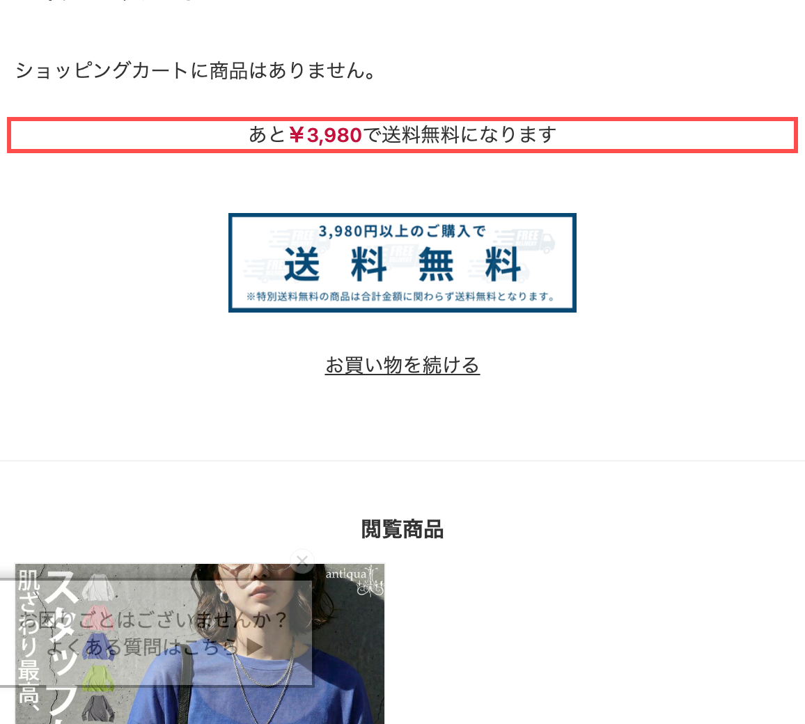antiquaの空のカート画面。「あと ¥3,980 で送料無料になります」と表示