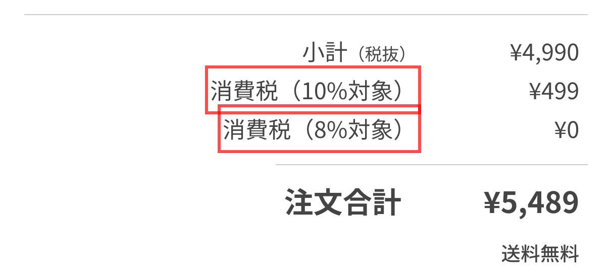 J'aDoRe JUN ONLINEのカート画面。消費税を10%対象と8%対象に分けて内訳表示