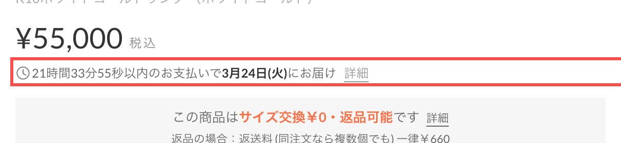 ロコンドの商品詳細ページ。「21時間33分55秒以内のお支払いで3月24日(火)にお届け」と表示
