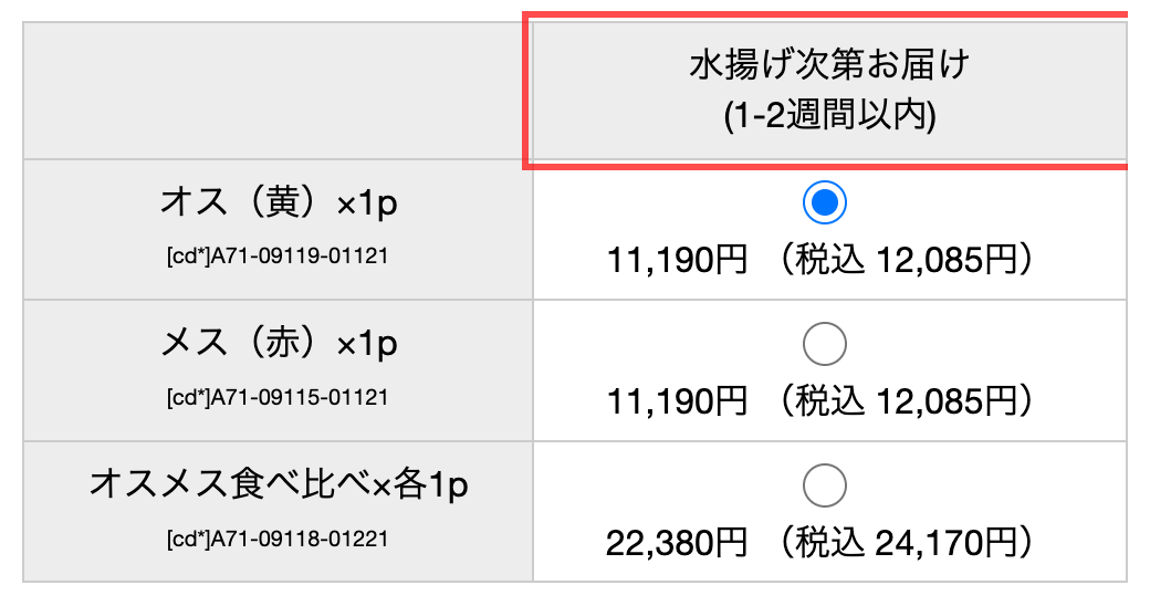 島の人オンラインショップの商品詳細ページ。「水揚げ次第お届け（1-2週間以内）」と表示
