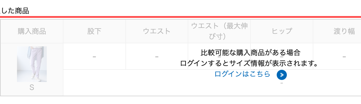 ニッセンの商品詳細ページ。サイズ表の中に「ログインするとサイズ情報が表示されます」と表示