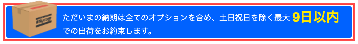 @Sycomのカスタマイズ画面。「ただいまの納期は全てのオプションを含め、土日祝日を除く最大9日以内での出荷をお約束します。」と表示