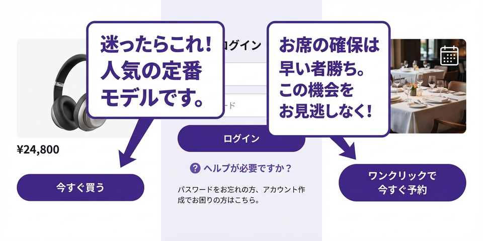 「今すぐ買う」「ヘルプが必要ですか？」— 会話口調とタイミングワードで画面を対話に変える